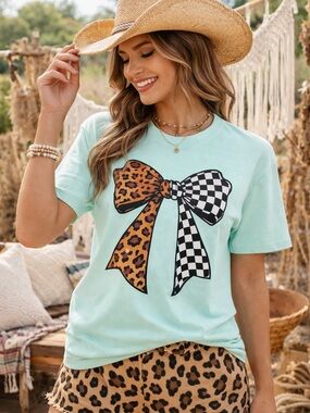 Mint Green Bow Graphic Tee SizeLLeopard Checkered Print Boho Cute Trendy T-Shirt